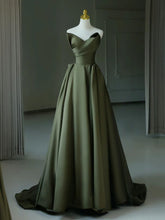 Elegant A-Line V Neck Satin Green Long Prom Dress Evening Gown