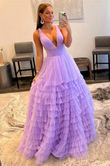 Elegant Lilac Sleeveless V-Neck Tulle Layers Prom Dress for Enchanting Evenings