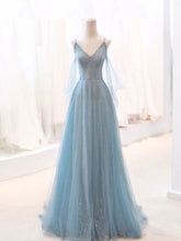 Elegant Gray-Blue V-Neck Tulle Sequin Long Prom Dress: A Stunning Evening Gown