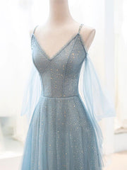 Elegant Gray-Blue V-Neck Tulle Sequin Long Prom Dress: A Stunning Evening Gown