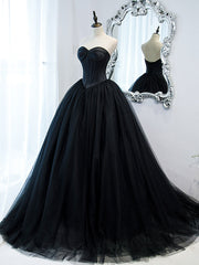 Elegant Simple Black Sweetheart Neck Tulle Long Prom Dress Evening Wear