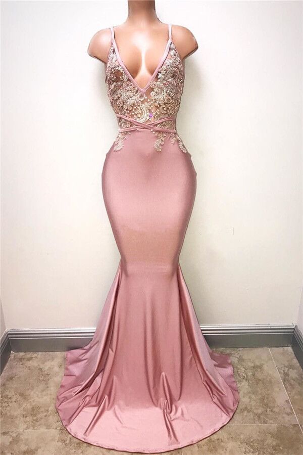 Elegant Pink Mermaid Prom Dress: Spaghetti Straps, Lace Appliques, Long Silhouette