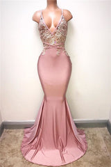 Elegant Pink Mermaid Prom Dress: Spaghetti Straps, Lace Appliques, Long Silhouette