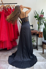 Elegant V-Neck Black Prom Gown with Pleats and Slit, Perfect for Formal Events
