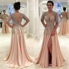 Elegant A-Line Chiffon Evening Gown with Long Sleeves, V-Neck, and Crystal Embellishments