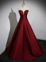 Elegant A-Line Puff Sleeve Satin Burgundy Long Prom Dress