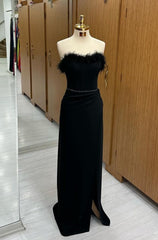 Black Strapless Feathered Sequined Mermaid Prom Dress Long Evening Gown
