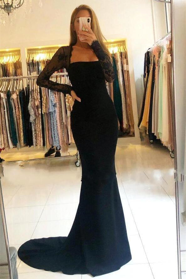 Elegant Black Long Sleeve Mermaid Lace Prom Dress with Exquisite Details