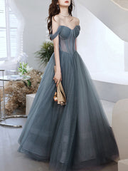 Gray Blue Tulle Long Prom Dress Sweetheart Neck Evening Gown