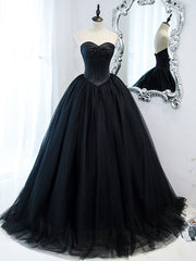 Elegant Simple Black Sweetheart Neck Tulle Long Prom Dress Evening Wear