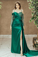 Emerald Green Sequin Spaghetti Strap Off Shoulder Pleated Slit Long Prom Dress