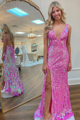 Stunning Pink Sequin V-Neck Backless Prom Dress with High Slit