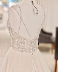 Elegant Backless A-Line Wedding Dress with Pearl V-Neck