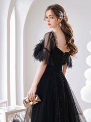 Elegant Black A-Line Tulle Prom Dress with Lace-Up Back, Floor-Length, Built-In Bra