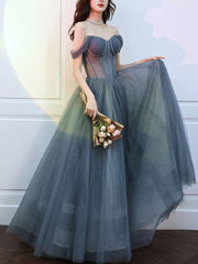 Gray Blue Tulle Long Prom Dress Sweetheart Neck Evening Gown