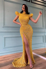 Sparkling Yellow High Neck Beaded Mermaid Prom Dress with Elegant Slit Design