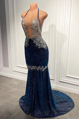 Elegant Blue Sequin Mermaid Prom Dress with Spaghetti Straps