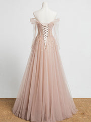 Champagne Pink Tulle Beaded Long Prom Evening Dress with Built‑In Bra