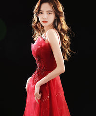 Elegant Burgundy Tulle Lace Long Prom Dress with A-Line Silhouette