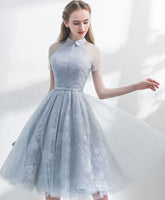 Unique Gray Tulle Lace Short Prom Dress Evening Gown