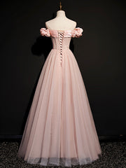 Pink Tulle Off Shoulder Long Prom Dress Formal Gown For Women