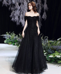 Beautiful Black Tulle Off Shoulder Long Prom Dress Evening Gown