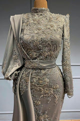 Elegant Gold Appliqued Satin Mermaid Evening Gown with Long Sleeves & Sweep Train