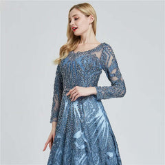 Elegant Ink Blue Long Sleeve Prom Dress Sequin Applique A Line Gown