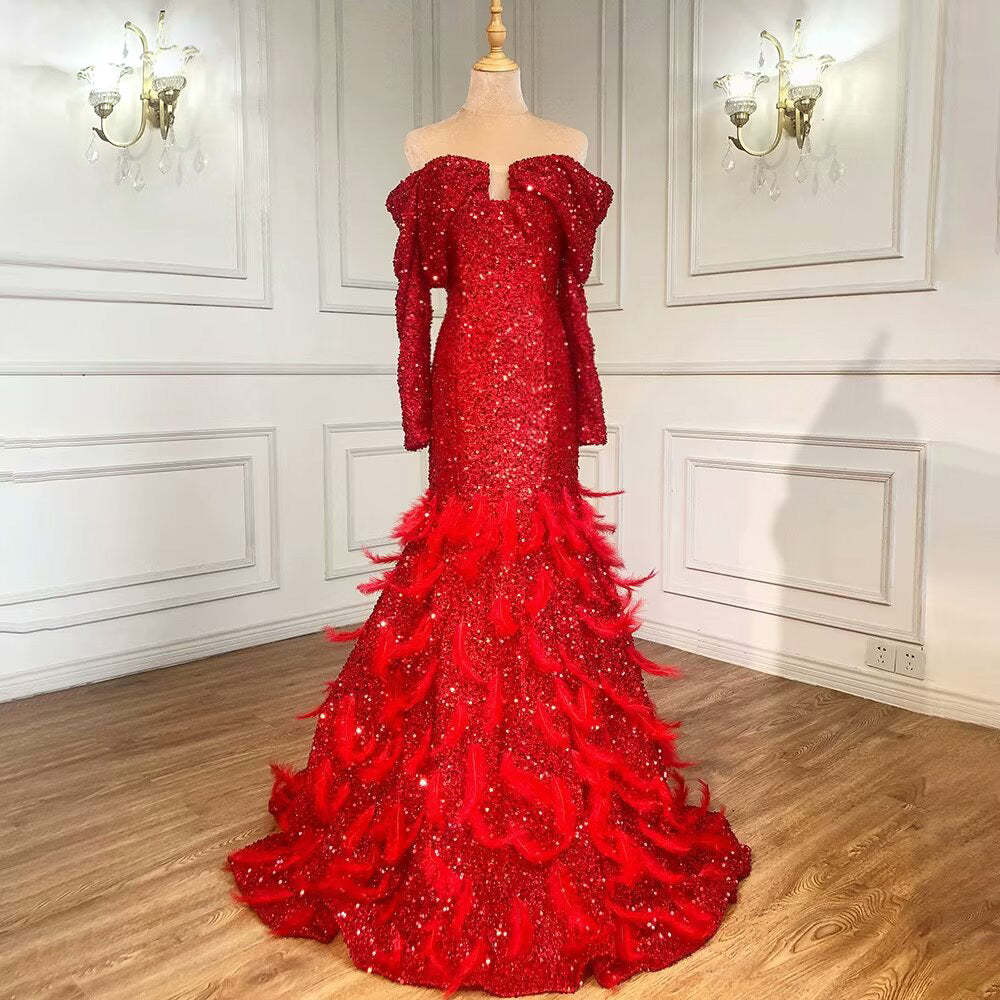 Red Sequin A-Line Prom Dress with Long Sleeves and Feather Details