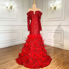 Red Sequin A-Line Prom Dress with Long Sleeves and Feather Details
