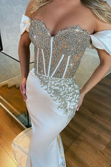 Elegant Off-Shoulder White Mermaid Prom Dress with Sparkling Appliques and Long Train