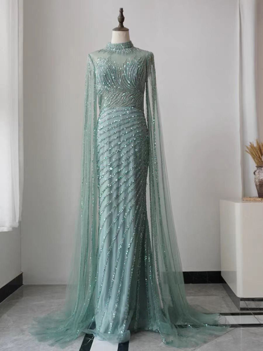 Green Luxury Long Sleeve Sequin Beaded Mermaid Prom Dress Evening Gown