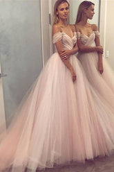 Elegant Off-Shoulder Tulle Prom Dress with Beaded Bodice for Special Occasions