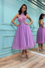 Elegant Lavender High Neck Short Tulle Prom Dress with Beaded Bodice
