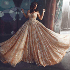 Sparkling Gold Sequin V-Neck Prom Gown for Women, Elegant Sleeveless Long Formal Dress