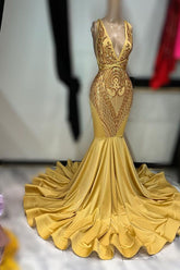 Dark Gold Sleeveless Appliqué Mermaid Prom Dress Elegant Evening Gown