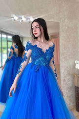 Amazing Royal Blue Long Sleeve Tulle Prom Dress Evening Gown