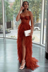 Glamorous Strapless Tulle Prom Dress Sleeveless Ball Gown for Women