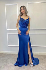 Elegant Spaghetti Strap Beaded Mermaid Prom Dress with Thigh Slit Ruffles