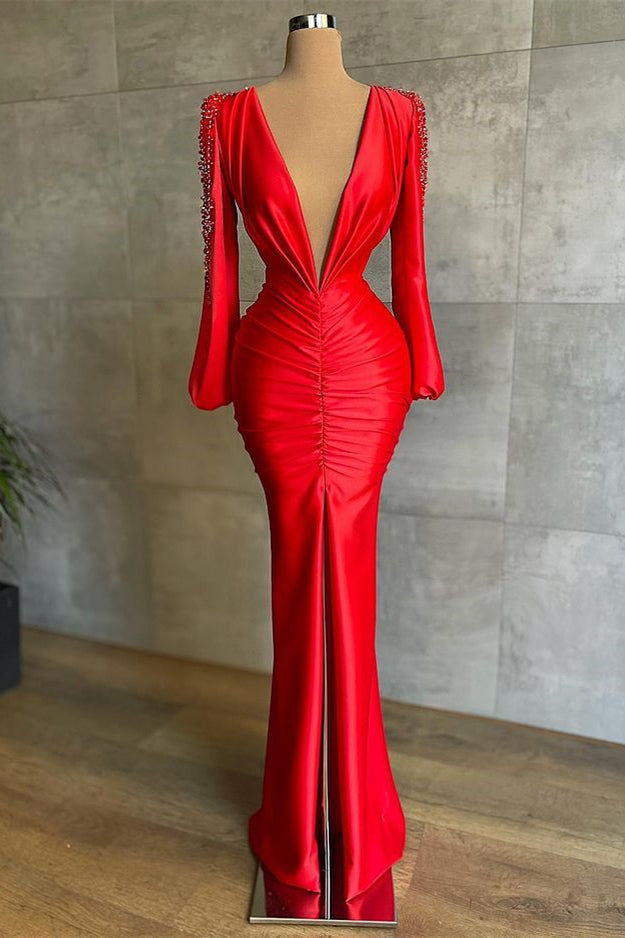 Elegant Deep V-Neck Red Mermaid Prom Dress with Long Sleeves for Women