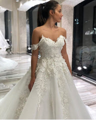 A-Line Sweetheart Off-the-Shoulder Wedding Dress with Lace Appliques and Tulle