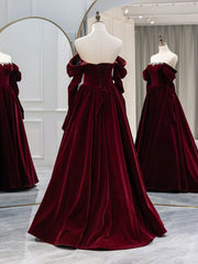 Elegant A-Line Long Sleeves Velvet Burgundy Prom Dress with Exquisite Beads