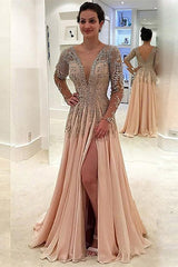 Elegant A-Line Chiffon Evening Gown with Long Sleeves, V-Neck, and Crystal Embellishments