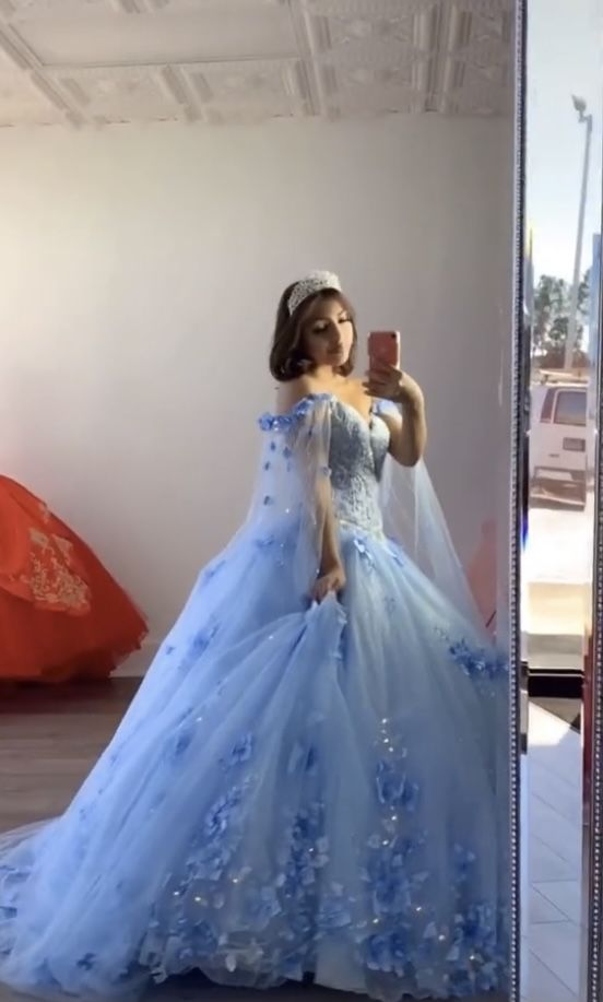 Blue Tulle A-Line Princess Ball Gown Prom Dress Lace-Up