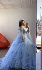 Blue Tulle A-Line Princess Ball Gown Prom Dress Lace-Up