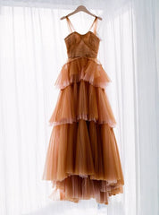 Brown Tulle Ball Gown Prom Dress Lace-Up Sleeveless Full Skirt
