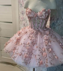 Vintage Short Pink Homecoming Dress with Flowers and Tulle Fabric