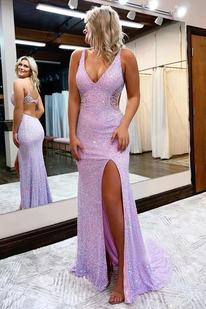 Stunning V Neck Sparkly Sequined Long Prom Dress Evening Gown
