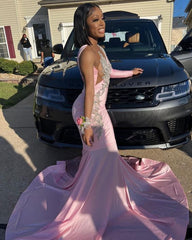 Pink Unique Long Mermaid Prom Party Dress