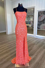 Glitter Coral Sequined Prom Dress Long Formal Gown with Slit Detailing